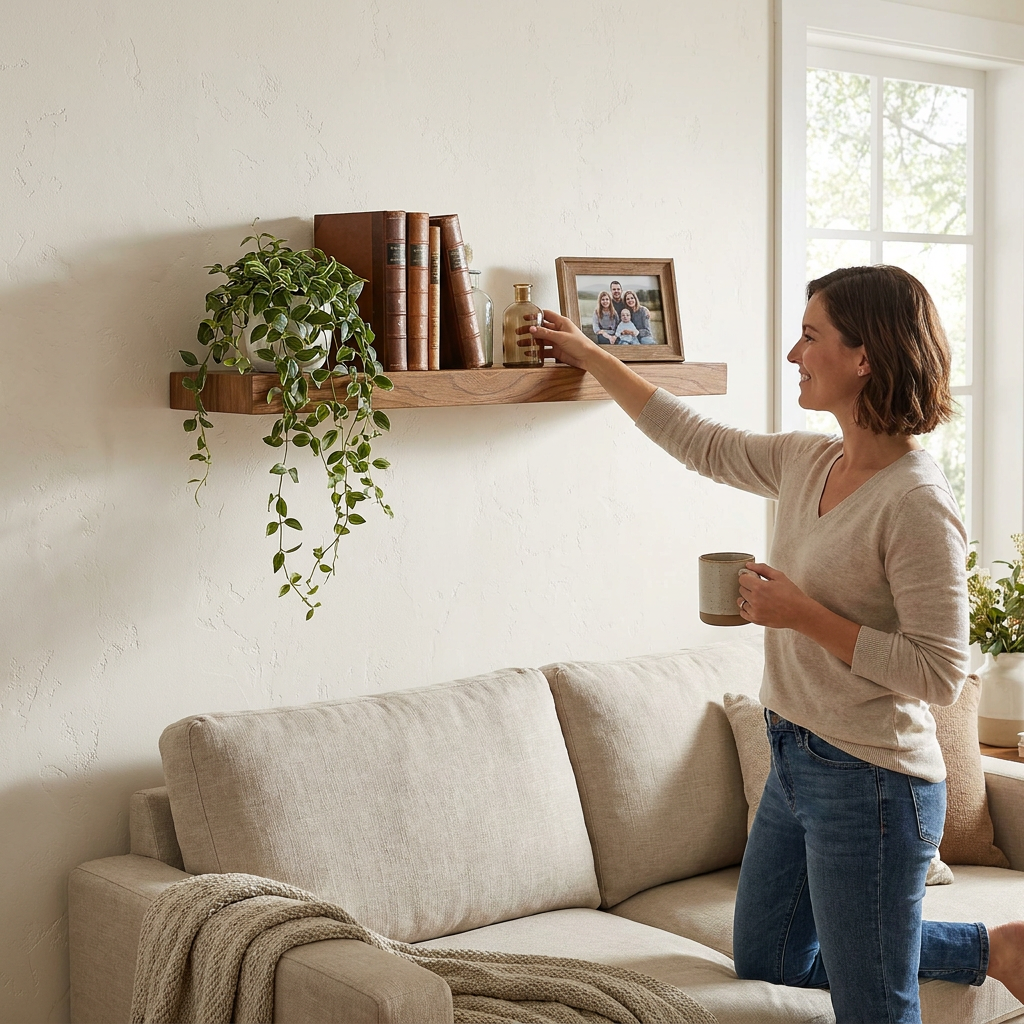 A woman adjusts decor on a Whiskey Brown floating shelf from Entrepot La Grange in a sunlit living room.