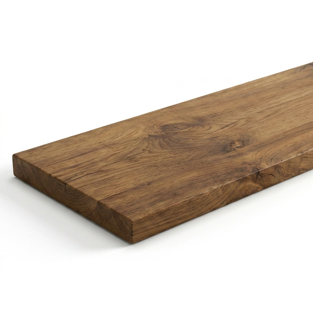 A photorealistic studio photograph shows the medium walnut solid wood shelf with an angled view emphasizing its left side, grain, and texture. It rests on a pure white background with a soft, natural shadow.