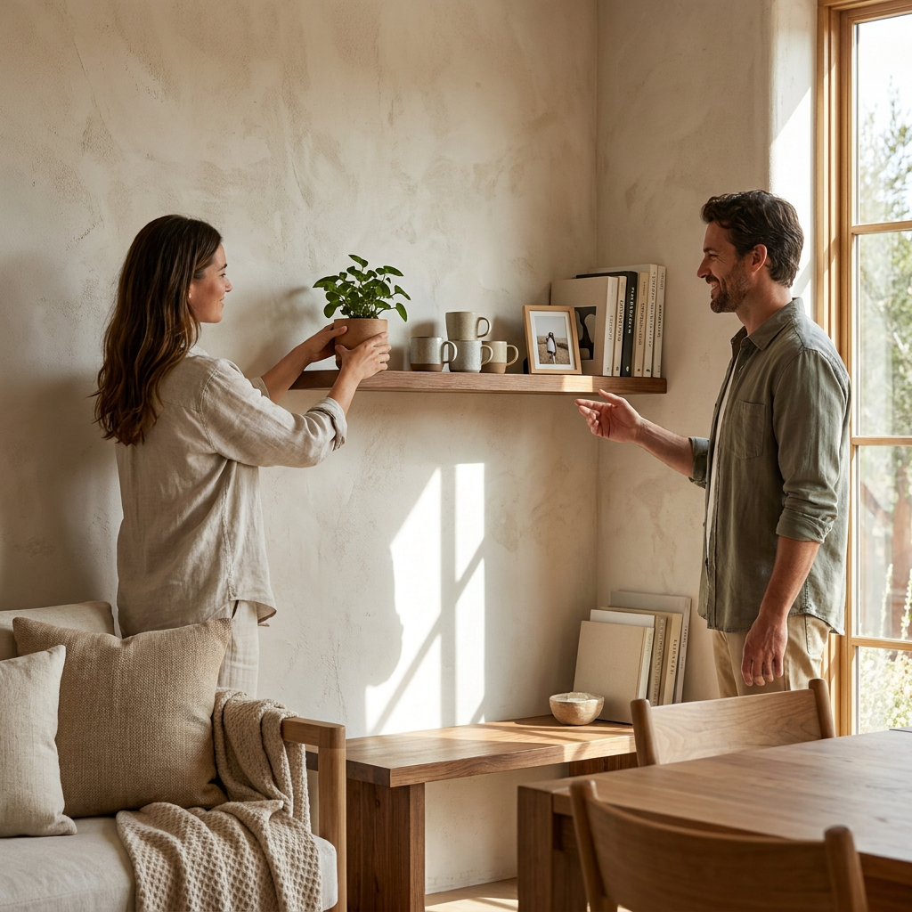A couple is actively using the Entrepot La Grange inc solid wood shelf by placing a potted plant on it in a sunlit, natural home environment.