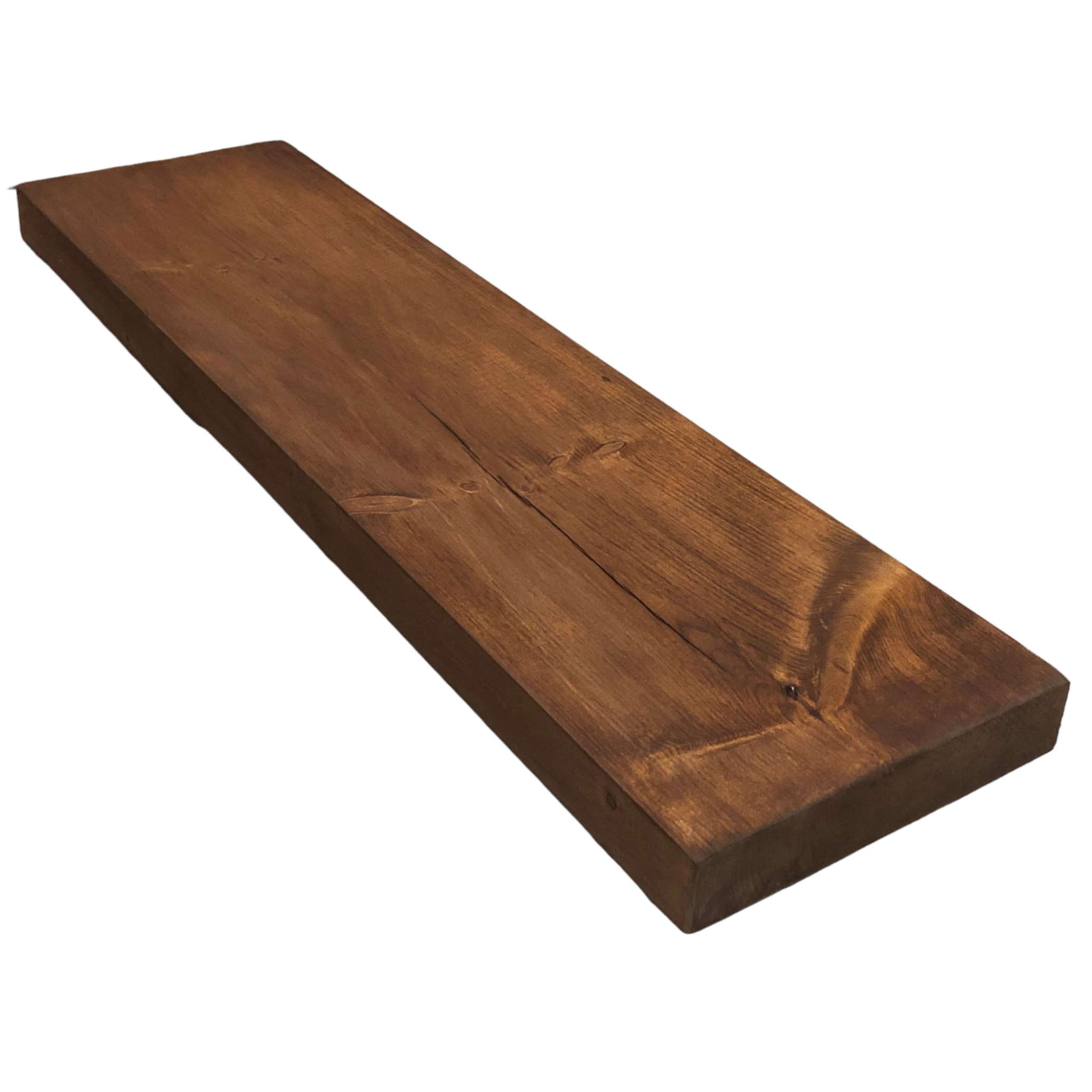 36-inch solid wood floating shelf with a whiskey brown finish and natural grain details.