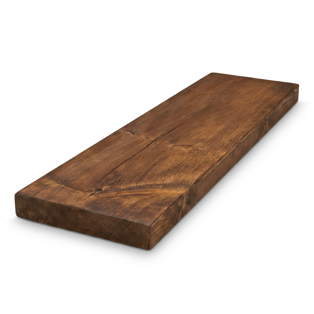 A photorealistic studio photo of the Entrepot La Grange inc Solid Wood Shelf in whiskey brown, angled to the left on a white background.