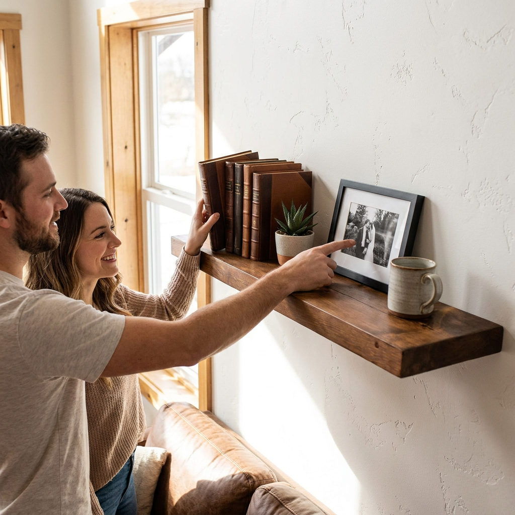 A couple in a warm, sunlit living room happily organizes a collection of books, a small plant, and a framed photo on a thick, whiskey brown wood floating shelf.