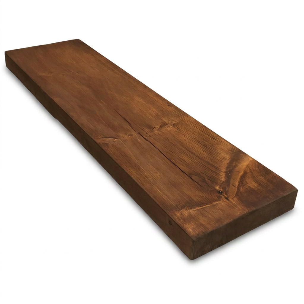 A photorealistic product image of the Entrepot La Grange inc. solid wood shelf in whiskey brown, showcasing its texture and grain. The shelf is angled to the right, centered on a pure white background with a soft shadow.
