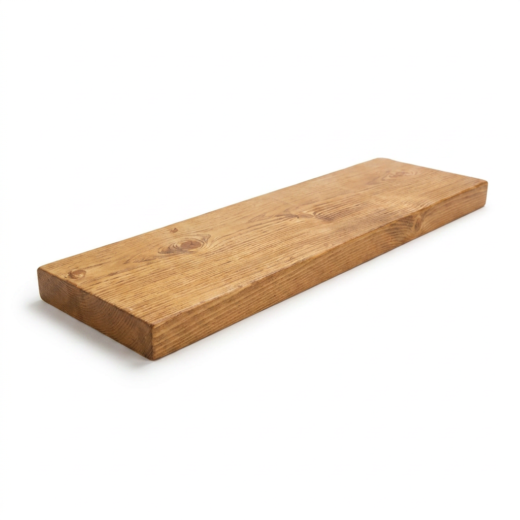 A photorealistic studio product shot of the honey-colored solid wood shelf, angled to emphasize its left side on a white background.