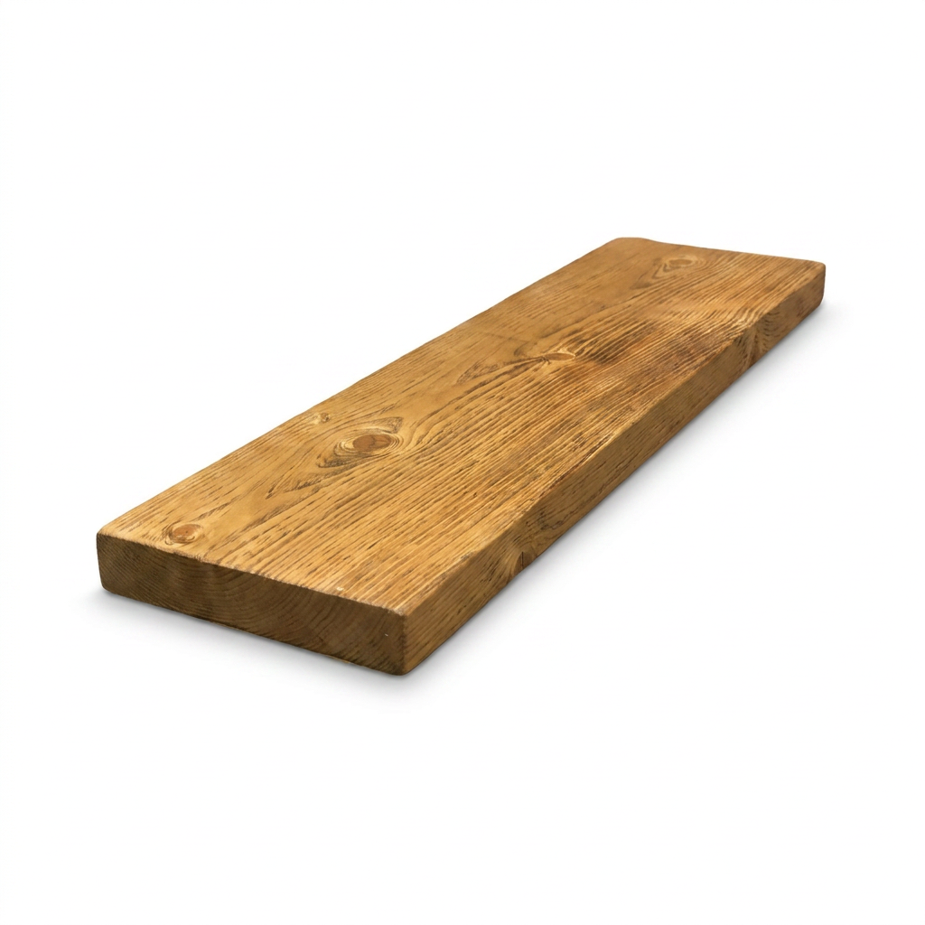 A photorealistic studio product photograph of the solid wood shelf from the reference, angled to show the right side. It is centered on a pure white background with a soft, natural shadow underneath. The honey-finished wood grain and knots are clearly visible.