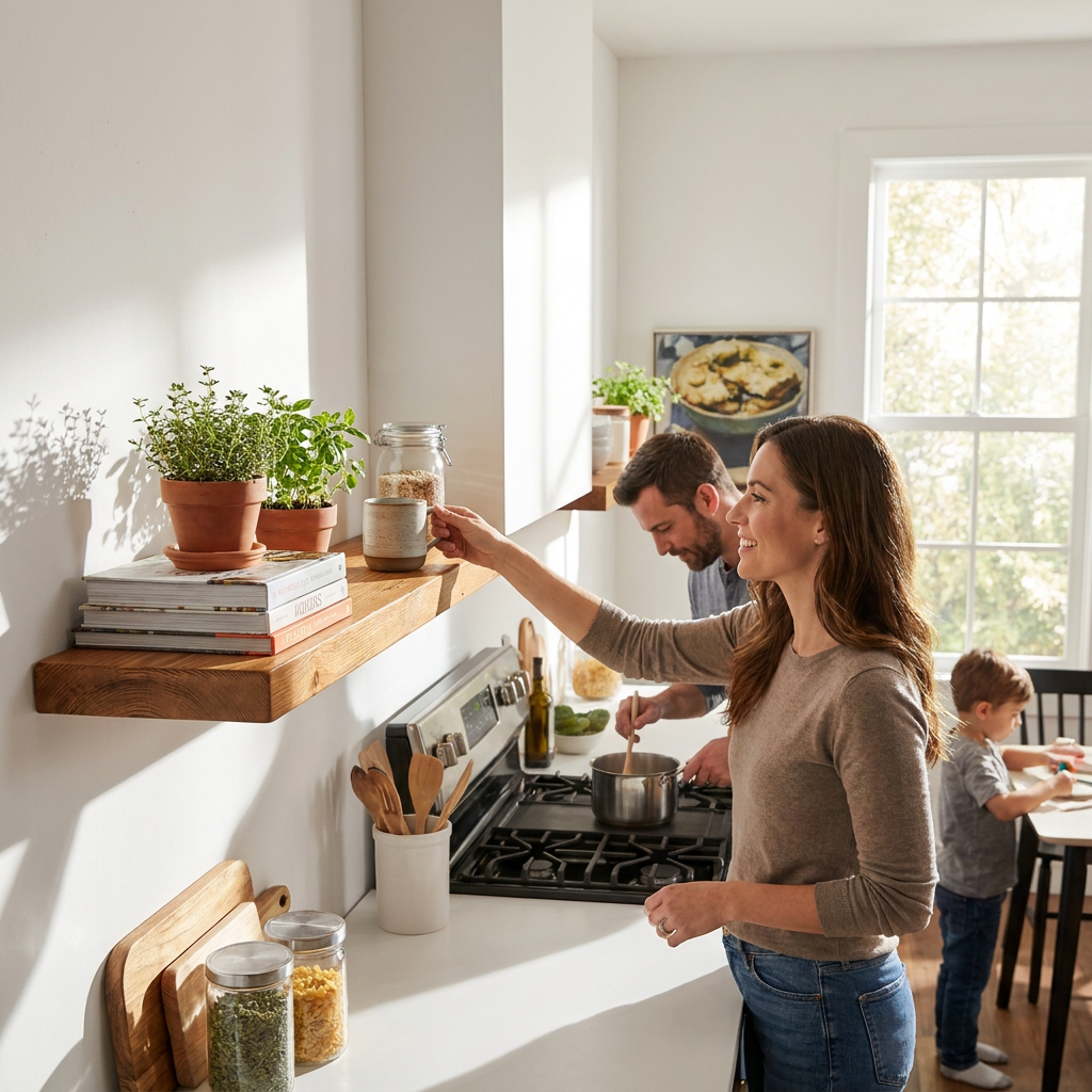 A woman in a sunny kitchen takes a mug from the Entrepot La Grange 36" honey wood shelf, which is decoratively used with plants and books.