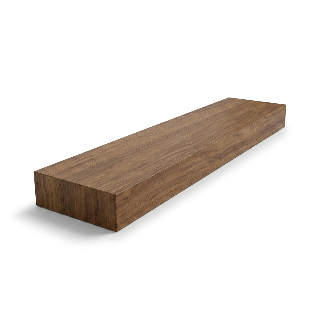 A photorealistic studio product photo of the Entrepot La Grange inc medium walnut solid wood floating shelf, angled to show the left side.
