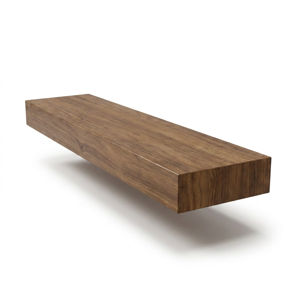Photorealistic studio product image of the Entrepot La Grange medium walnut solid wood floating shelf (36"L x 6"D x 2"T) on a pure white background, angled to show the top and right side.