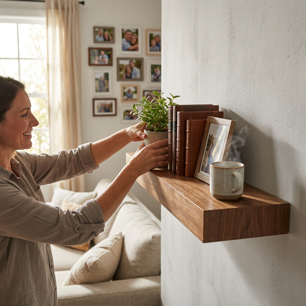 This lifestyle photograph shows a woman placing a plant on the medium walnut floating shelf in a cozy living room, demonstrating its natural use.