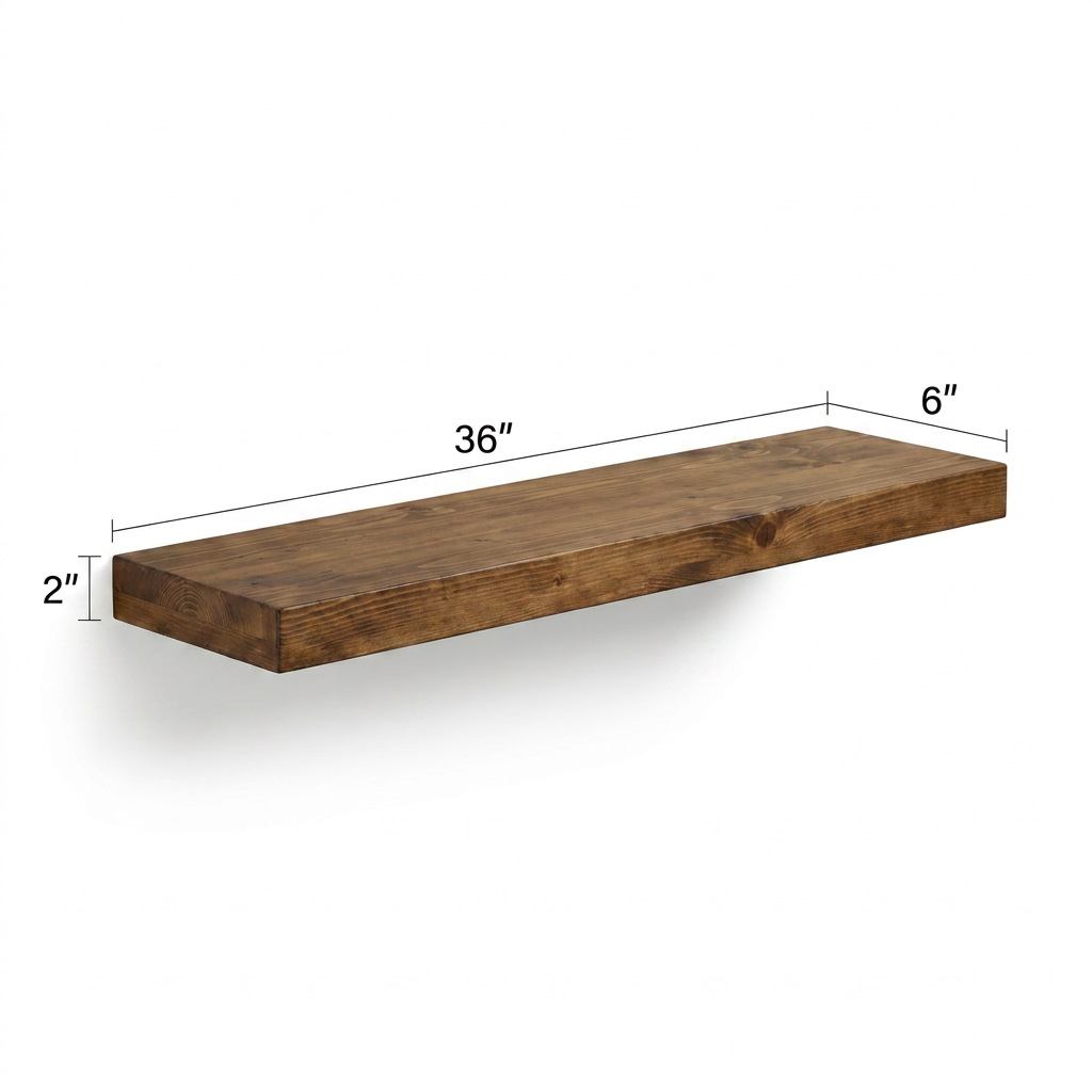 A photorealistic studio photograph of the solid wood floating shelf in whiskey brown, angled to the right on a pure white background with a soft shadow and dimension lines indicating its size.