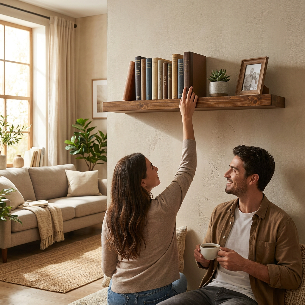 A lifestyle photo showing a couple in a sunlit living room, with the Entrepot La Grange whiskey brown wood shelf mounted on the wall and styled with books, plants, and a photo.