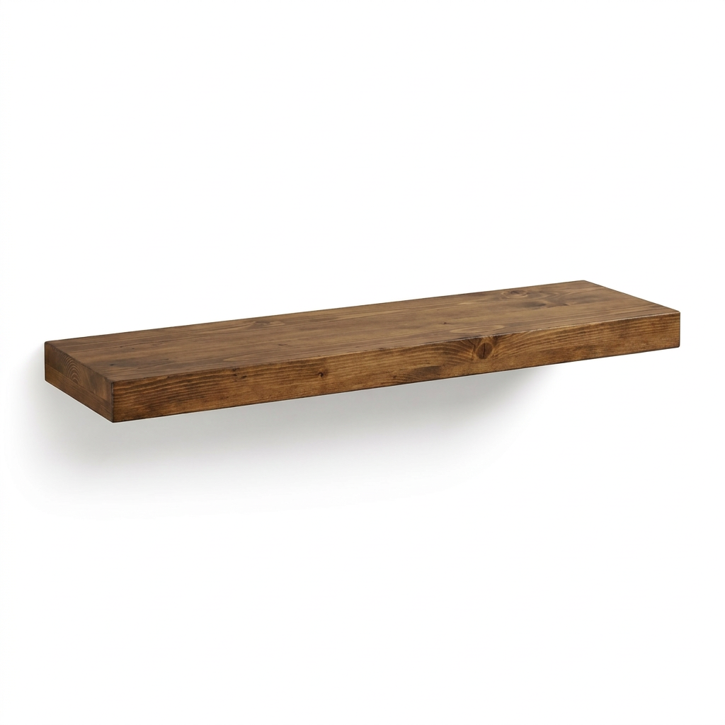 Photorealistic studio view of the Entrepot La Grange inc Whiskey Brown solid wood shelf, angled left.