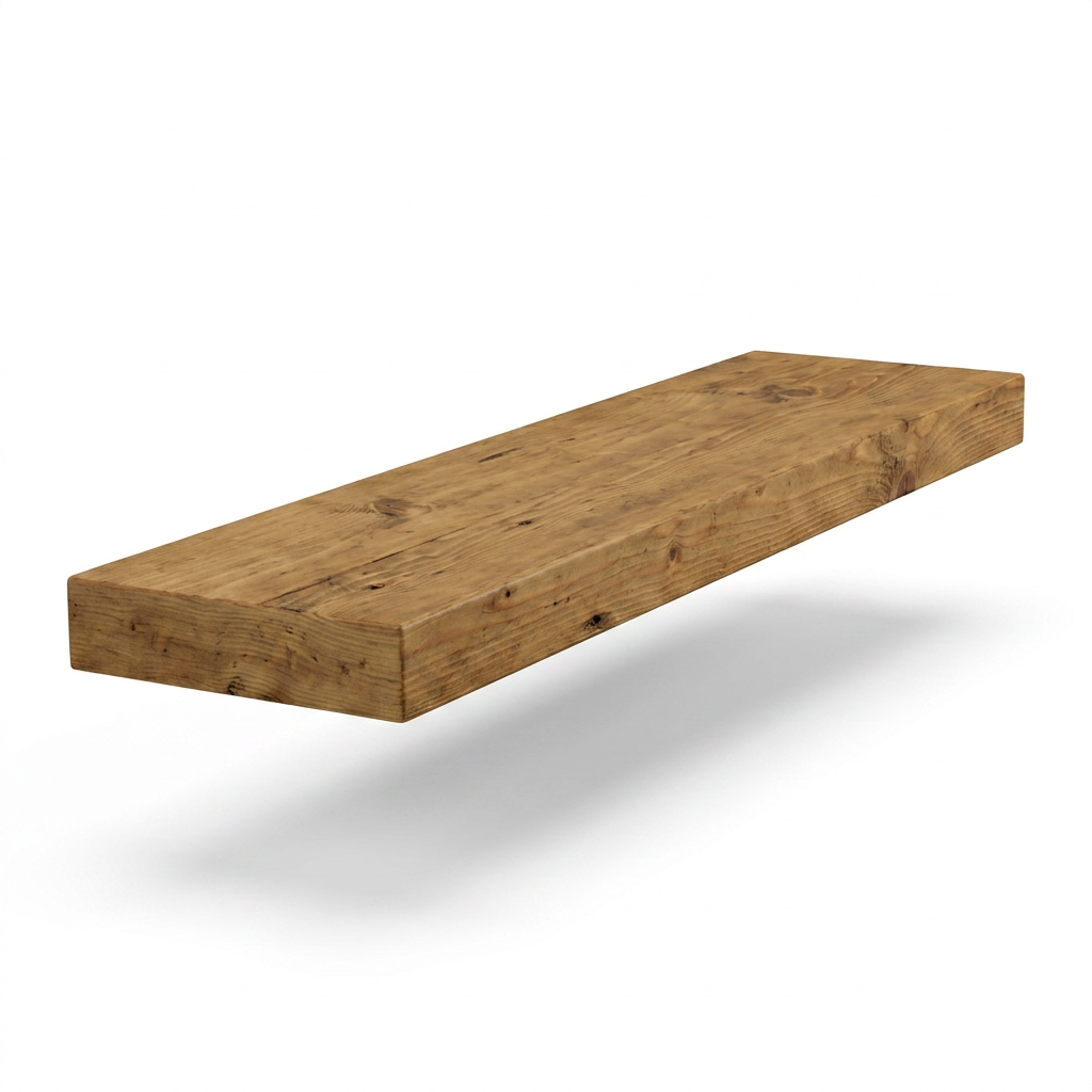 A studio product photograph of the Entrepot La Grange solid wood shelf, angled to show the left side and grain, centered on a white background with a soft shadow.
