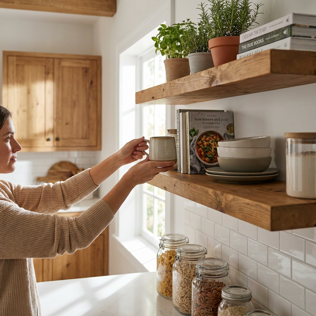 A woman sits in a kitchen placing a mug on a floating wood shelf used for cookbooks, herbs, and dishware.