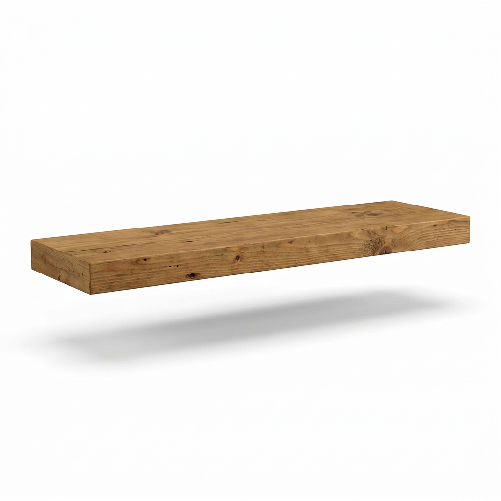 A photorealistic studio photograph of the Entrepot La Grange inc Solid Wood Shelf (SHWO3681HNY, 36"L x 8"D x 1"T, Honey finish). The single reclaimed wood shelf, with visible grain and knots, is centered and angled towards the right on a pure white background, casting a soft shadow beneath.