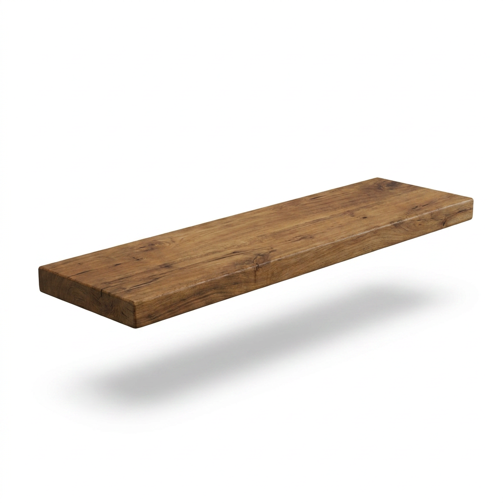 A photorealistic studio product photo of the Entrepot La Grange inc Solid Wood Shelf. The medium walnut shelf is angled to show the left side and front edge, floating with a soft natural shadow on a pure white background.