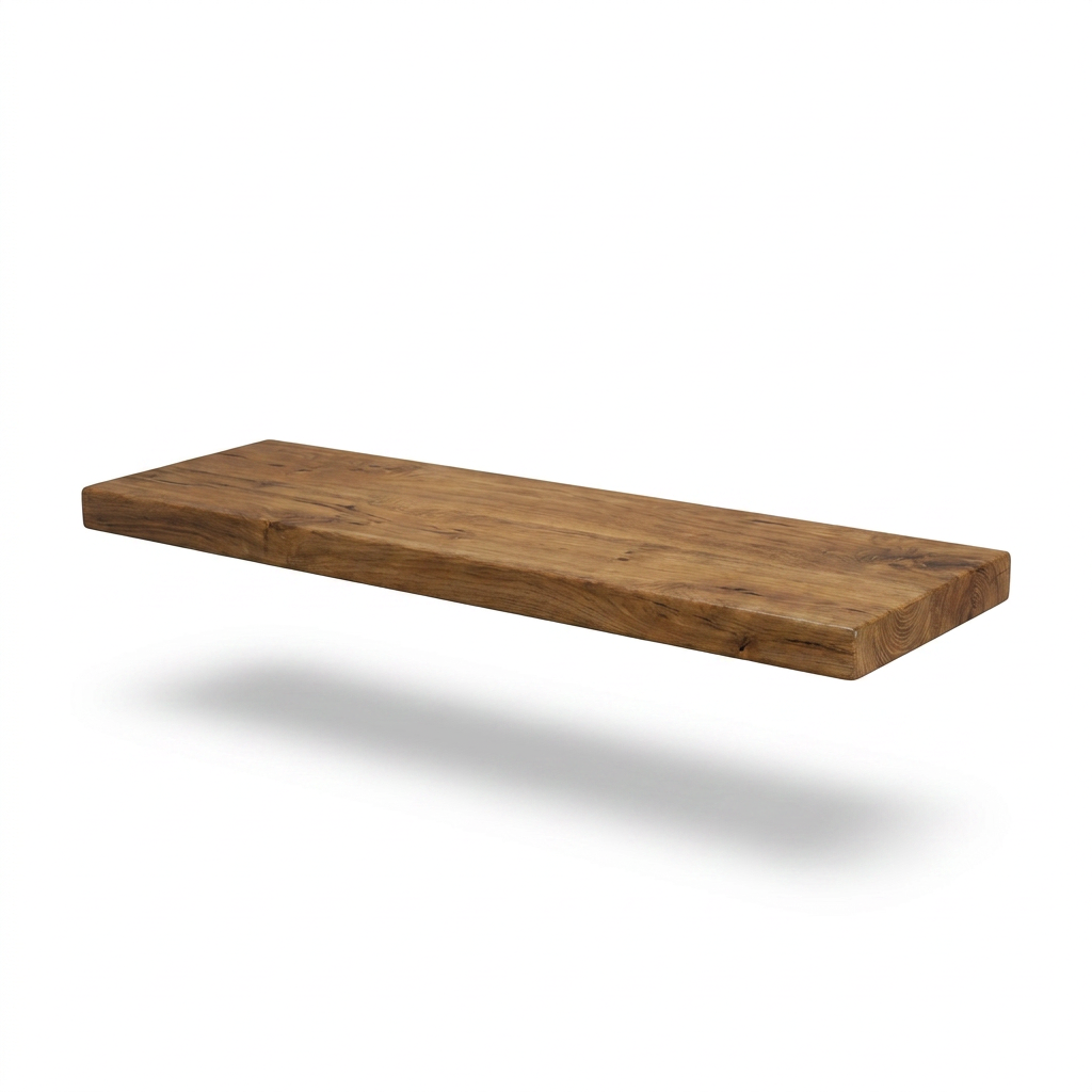 A photorealistic studio photo of the solid walnut wood shelf from Entrepot La Grange inc., angled to show the top and right side on a pure white background with a soft shadow.