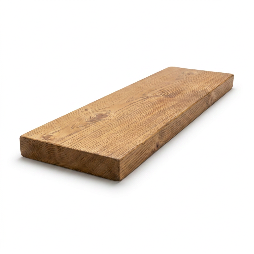 A studio product photo of the Entrepot La Grange solid wood shelf in honey finish, angled to show the left side and grain, on a white background with a soft shadow.