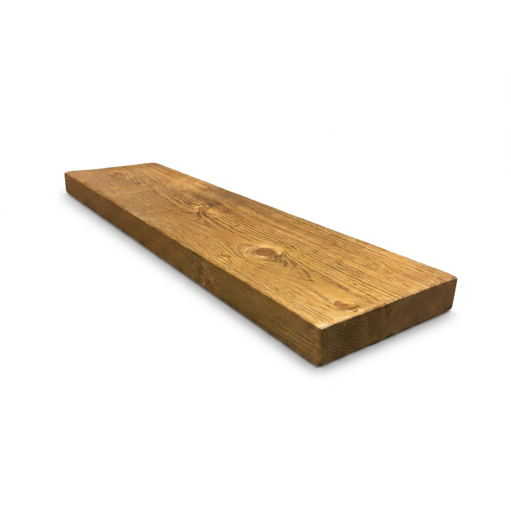 A photorealistic studio product shot of the honey-stained Entrepot La Grange solid wood shelf with visible grain and knots, angled to show the right side.