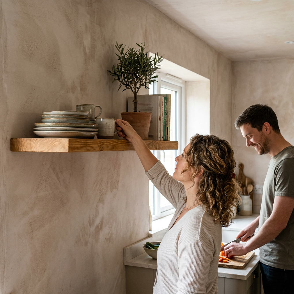 A lifestyle photograph showing a couple using the Entrepot La Grange solid wood shelf in a kitchen.