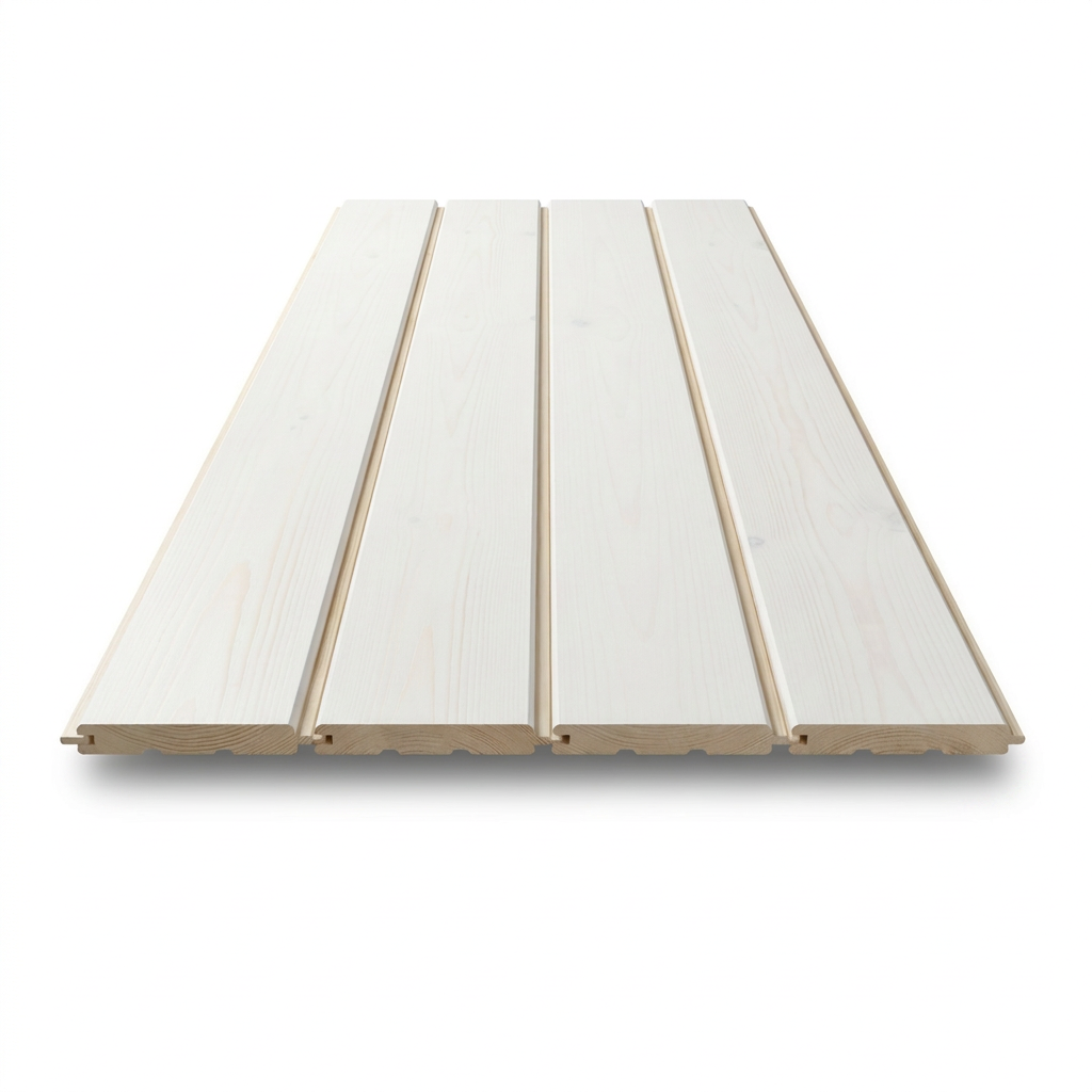 Photorealistic studio product photo of Entrepot La Grange inc White wall paneling. The four-plank wood section with whitewash finish is centered and angled left on a pure white background with a soft shadow. The tongue-and-groove edges are visible.