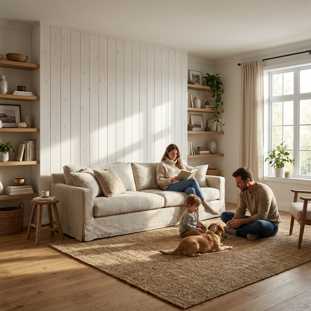 A family relaxes in a sunlit living room featuring Entrepot La Grange white shiplap wall paneling.