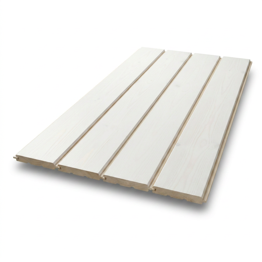A photorealistic studio photograph of white tongue-and-groove wall paneling, showing four planks angled towards the right on a pure white background with a soft shadow.