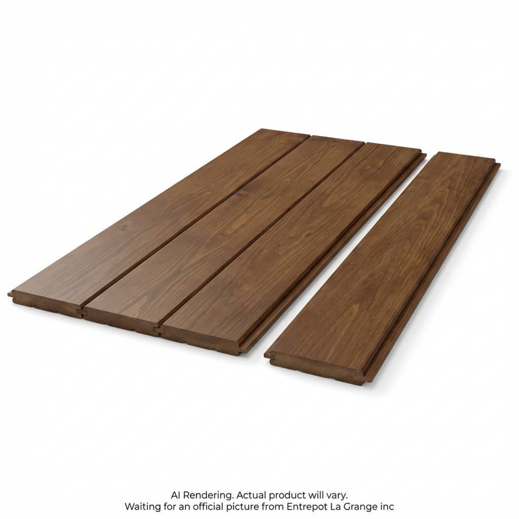 Horizontal view of four medium walnut wood floor or wall panels with visible grain and tongue-and-groove edges.