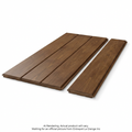 Horizontal view of four medium walnut wood floor or wall panels with visible grain and tongue-and-groove edges.