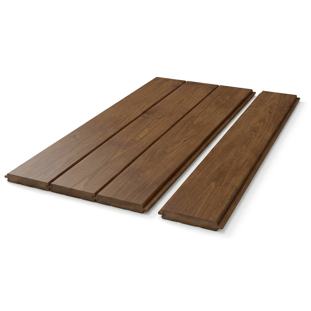 A studio photograph captures four dark walnut wood wall panels from Entrepot La Grange inc, angled to show their left side profile and grain. They are arranged on a pure white background with soft, natural shadows.