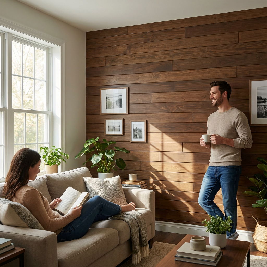 Lively photograph shows the Walnut Medium wall paneling in a sunny living room with a happy couple.