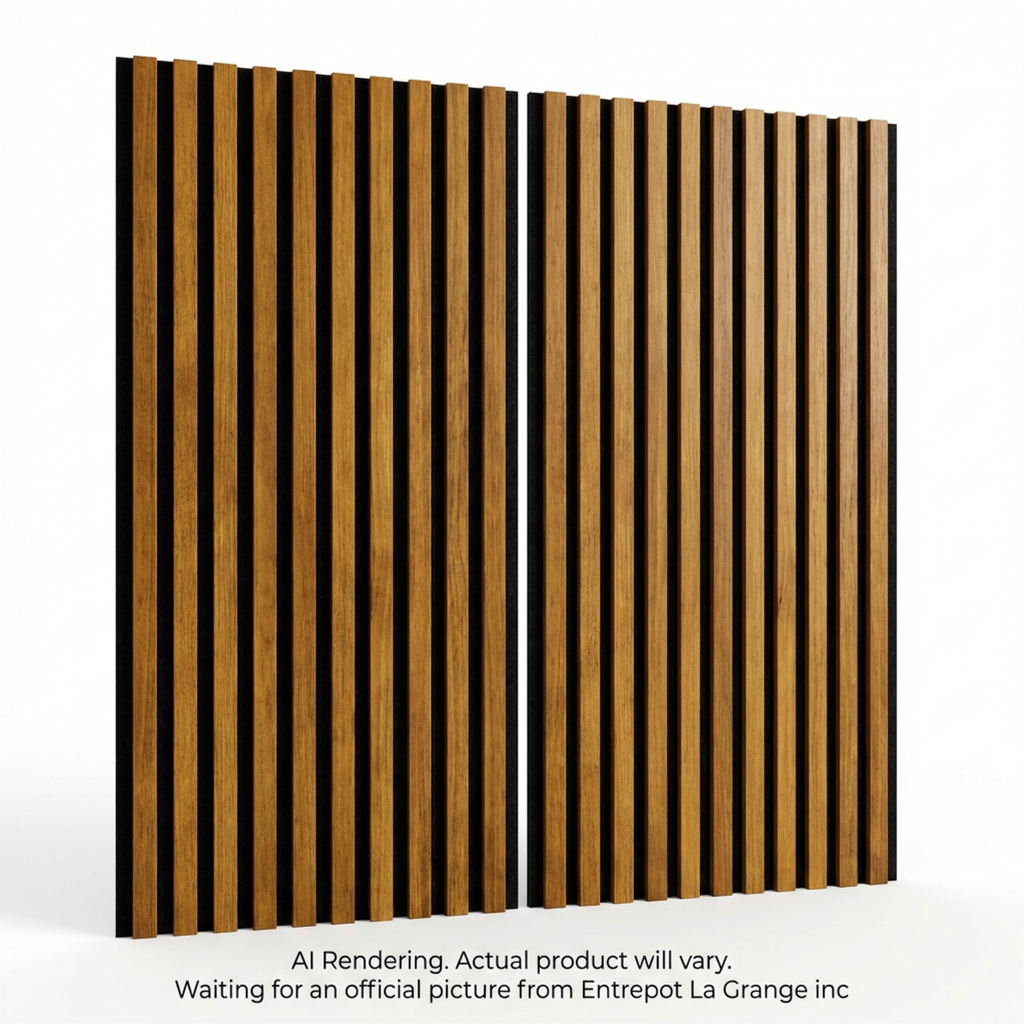 Nomaad Whiskey Acoustic slat wall panels with vertical wood-toned slats on black felt backing.