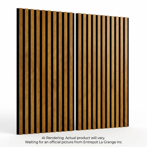 Nomaad Whiskey Acoustic slat wall panels with vertical wood-toned slats on black felt backing.