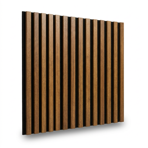 A photorealistic studio product photograph captures one panel of the Entrepot La Grange vertical slatted wall in a whiskey wood finish with black acoustic felt. The panel is angled to the left, showcasing its depth, against a pure white background with a soft shadow underneath.