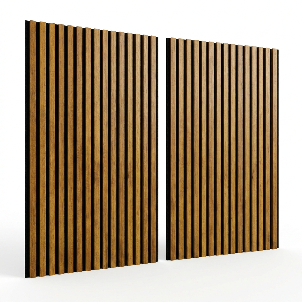 A photorealistic studio product shot showing two vertical slatted acoustic wall panels in a whiskey wood finish against a pure white background, angled towards the right with a soft shadow.