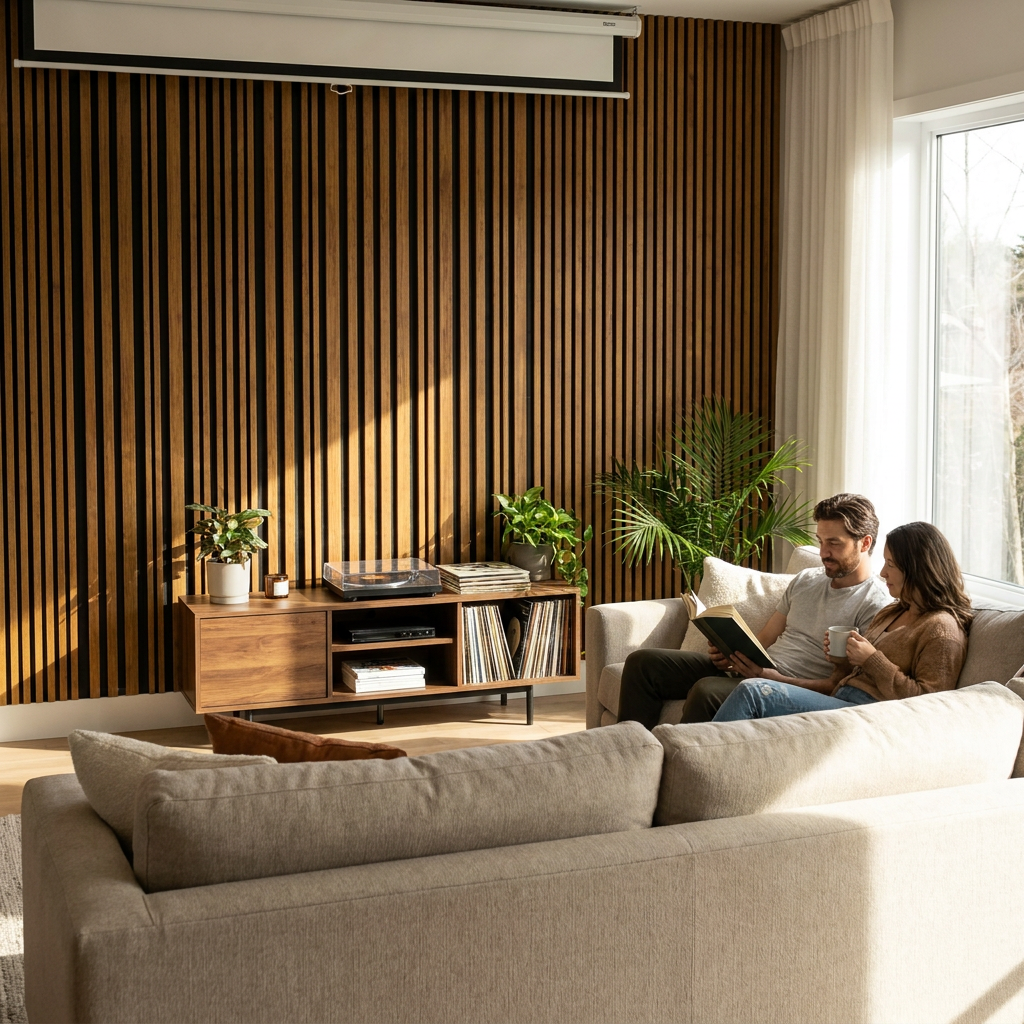 A photorealistic lifestyle photo of a couple relaxing on a sofa in a sunlit living room, with a full wall of Entrepot La Grange inc Whiskey-Accoustic vertical slatted panels behind them.