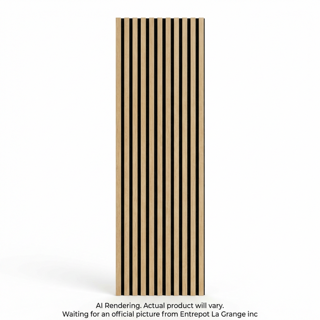 White Oak acoustic slatted wall panel with vertical wood slats on a black felt backing.