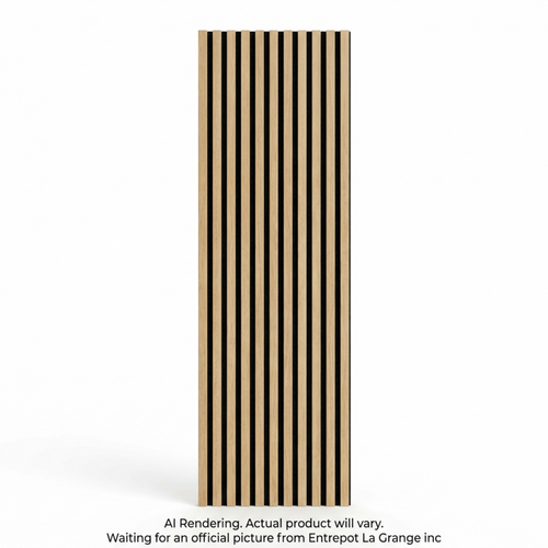 White Oak acoustic slatted wall panel with vertical wood slats on a black felt backing.