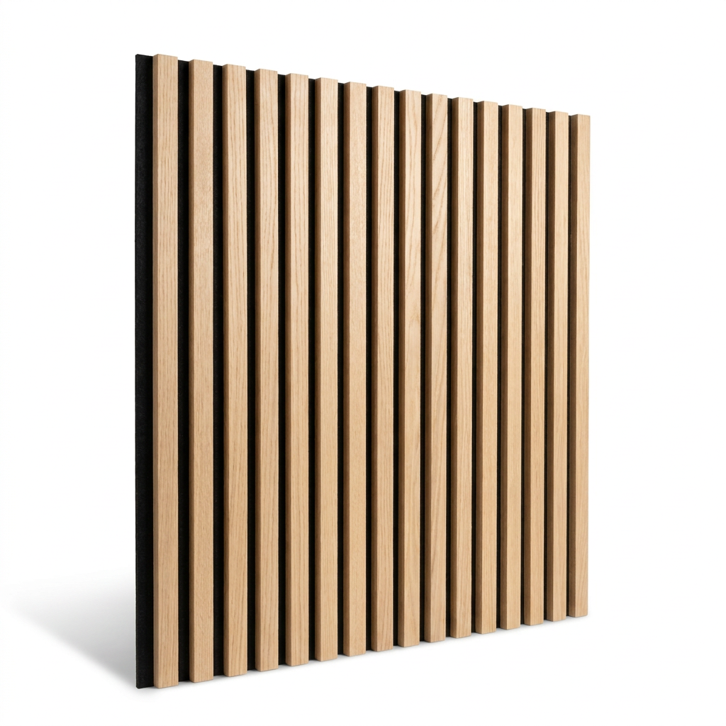 A photorealistic studio product photograph of a white oak vertical slatted wall panel, angled to show the left side and black acoustic felt backing. The product is centered on a pure white background with a soft natural shadow.