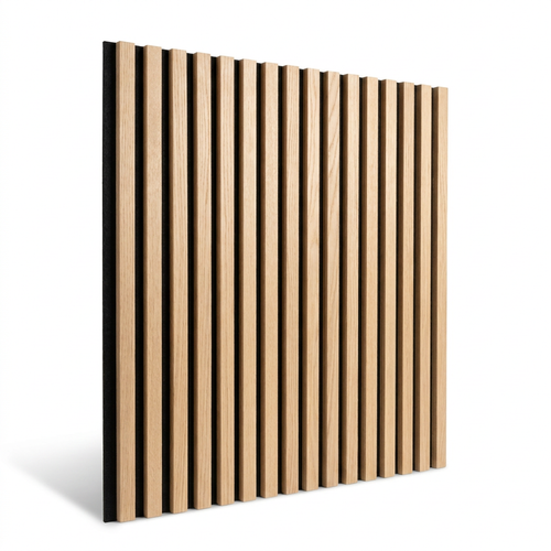 A photorealistic studio product photograph of a white oak vertical slatted wall panel, angled to show the left side and black acoustic felt backing. The product is centered on a pure white background with a soft natural shadow.