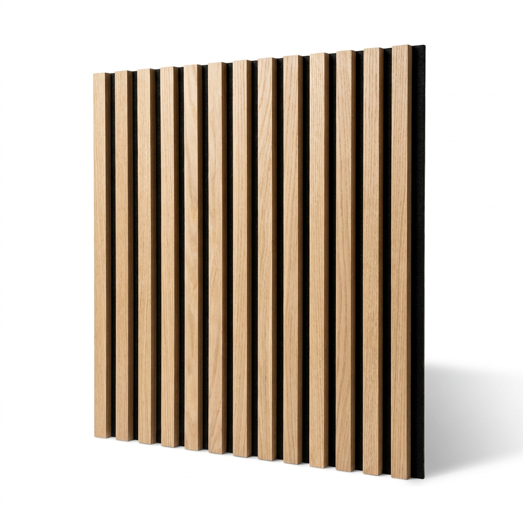 Photorealistic studio image of the Entrepot La Grange inc White Oak vertical slatted acoustic wall panel, angled from the right on a white background with soft shadow.