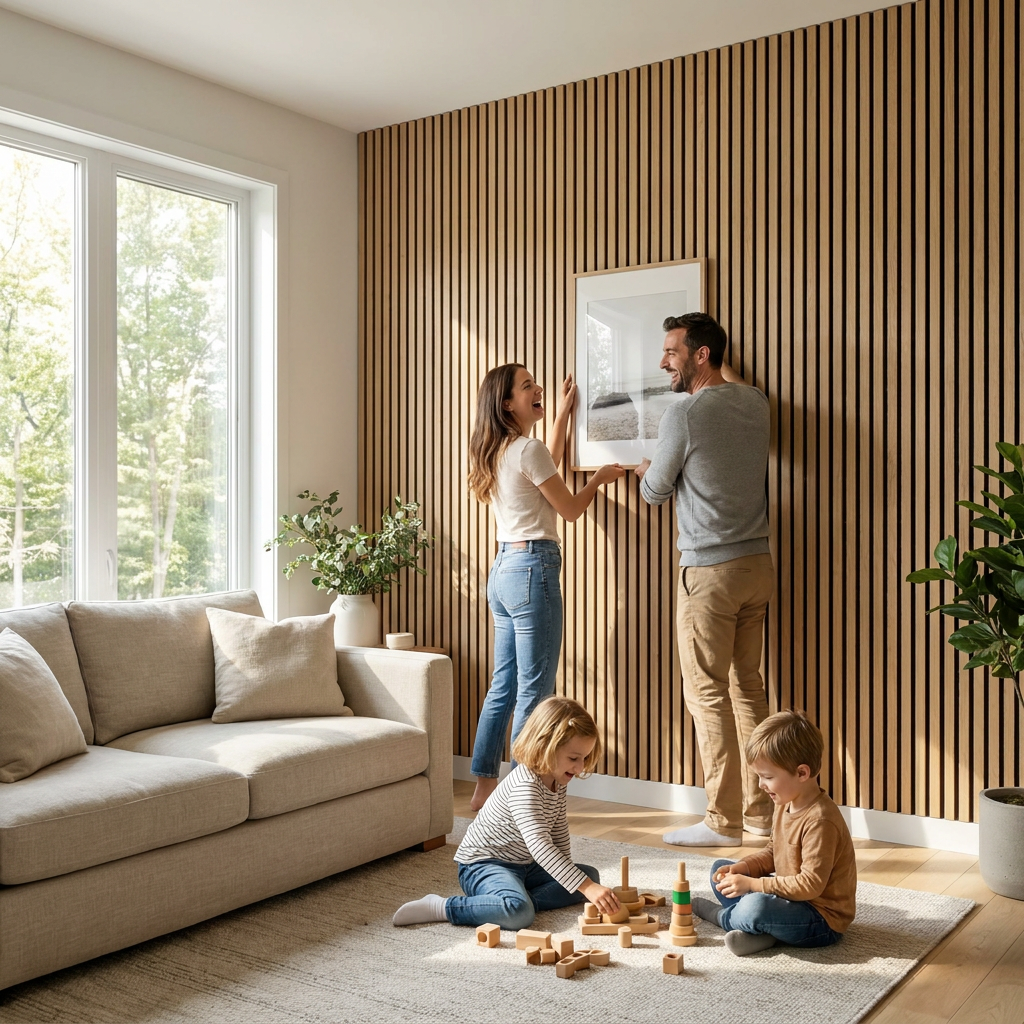 A family happily installs a picture on a newly mounted White Oak vertical slatted acoustic wall.