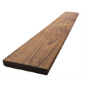 A long, whiskey brown solid wood floating wall shelf with visible grain, inclined at an angle.