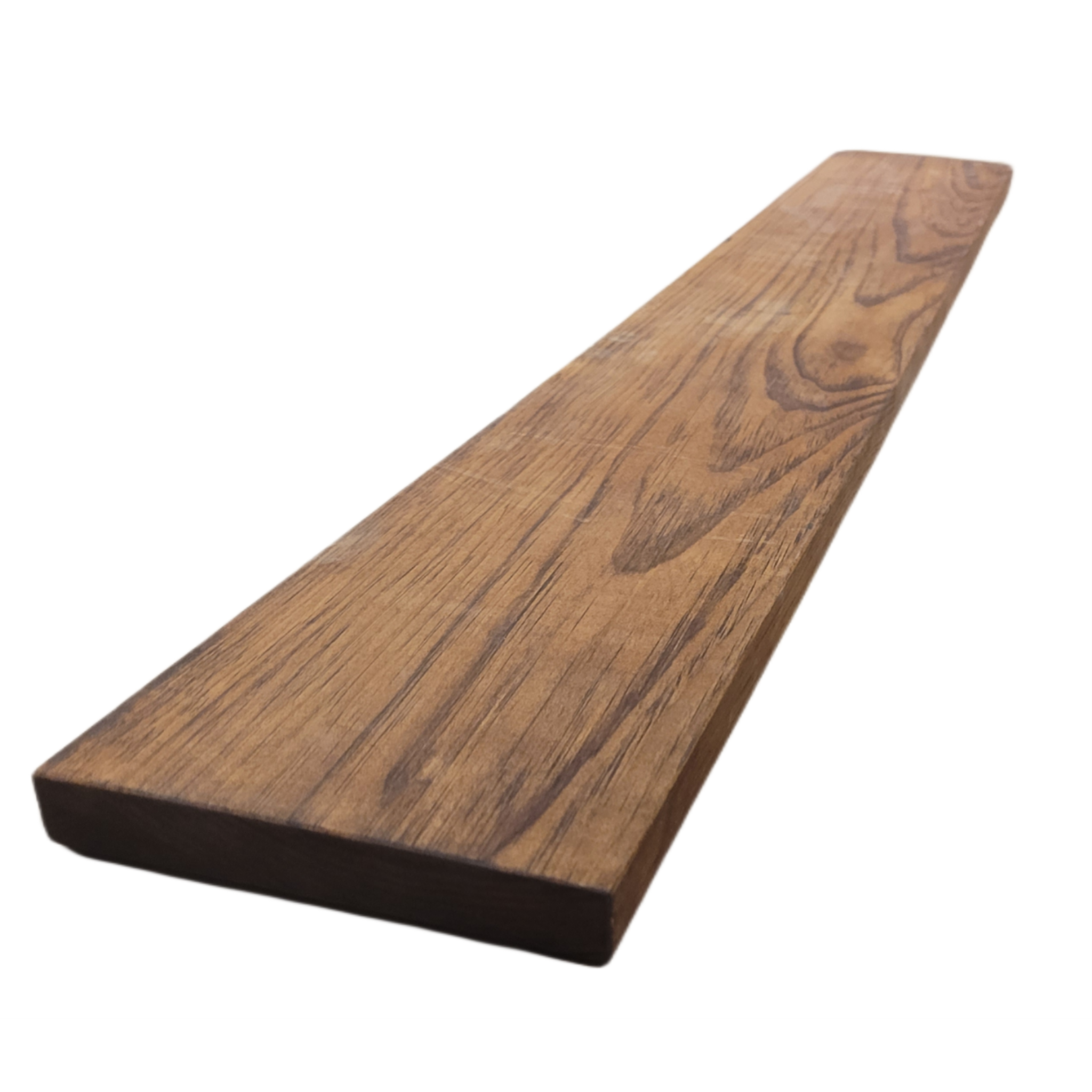 A long, whiskey brown solid wood floating wall shelf with visible grain, inclined at an angle.