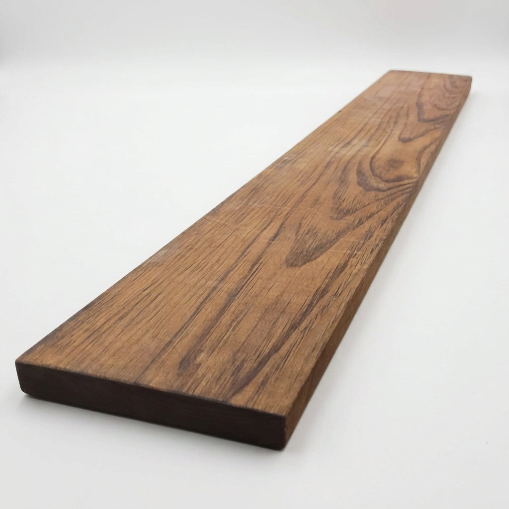 A studio photograph shows the Entrepot La Grange inc Solid Wood Shelf in Whiskey Brown, measuring 60"L x 10"D x 2"T, lying on a pure white surface. The perspective is angled from the left.