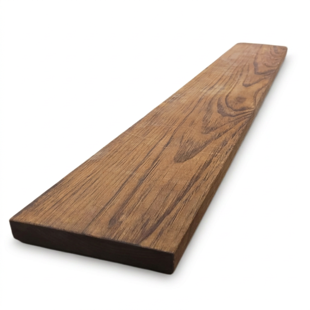 A photorealistic studio shot of the Entrepot La Grange inc solid wood shelf in Whiskey Brown, angled to the right on a pure white background with a soft natural shadow. The wood grain is clear.