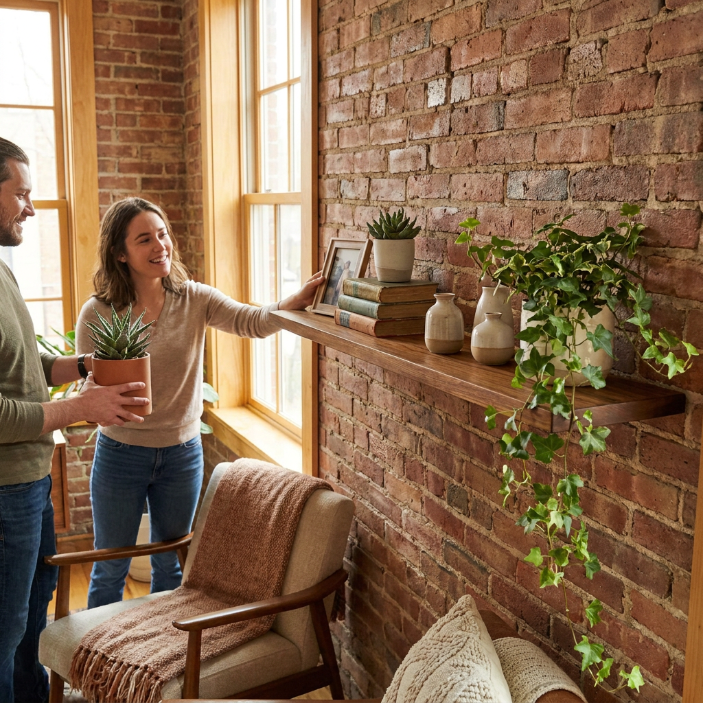 A couple places plants and decor on the Whiskey Brown wooden floating shelf in a warm, sunlit living room.