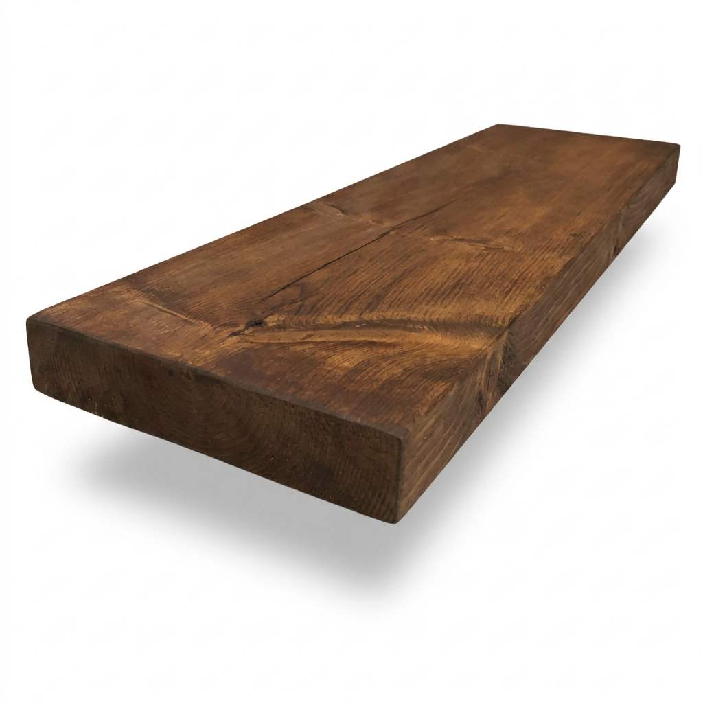 A studio photograph of the Entrepot La Grange Inc. Solid Wood Shelf, angled to show the left edge and top surface. The Whiskey Brown wood with its rich grain and knots is on a clean white background with a soft shadow beneath.
