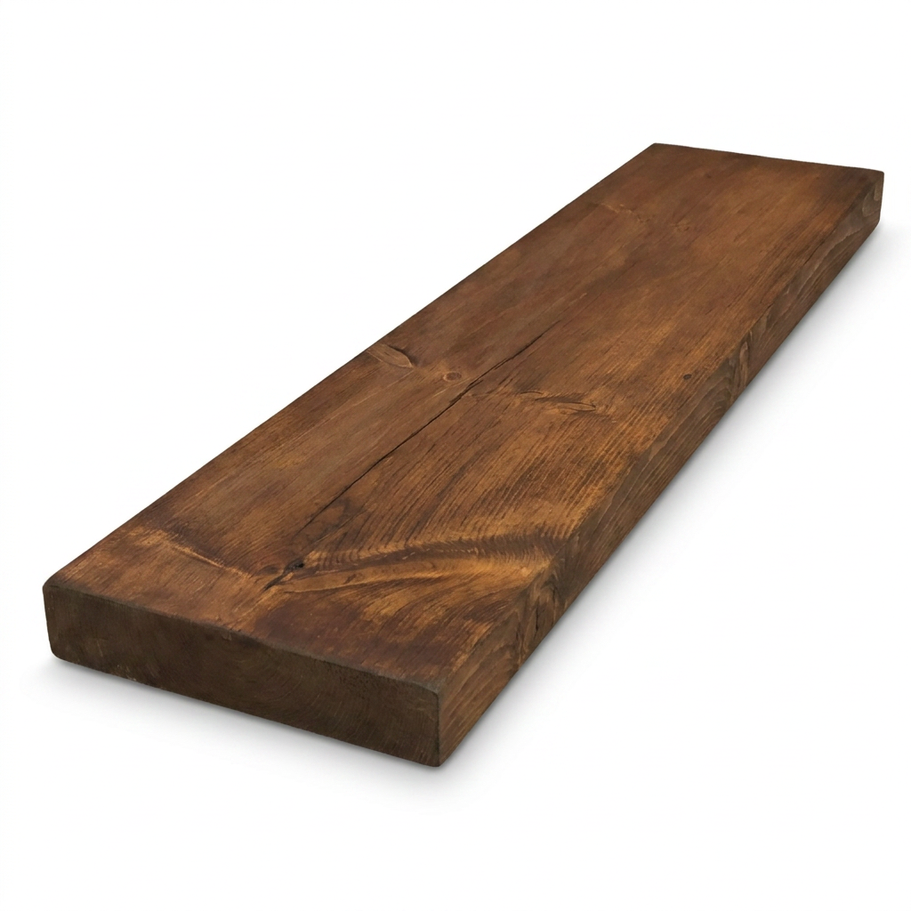 A photorealistic studio product image of the Entrepot La Grange inc solid wood shelf, angled to show its dark brown whiskey finish and rich grain on a pure white background.
