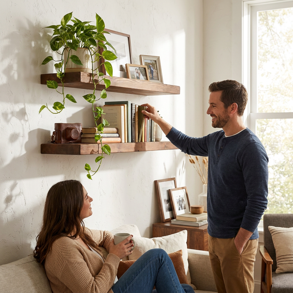 A photorealistic lifestyle photo shows a couple using the solid wood floating shelves in their home, which are loaded with plants, books, and frames.